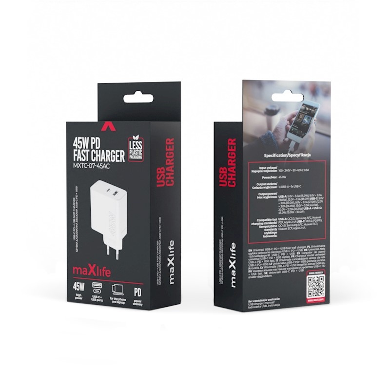 Maxlife MXTC-07-45AC PD QC charger 1x USB-C 1x USB 45W white_0