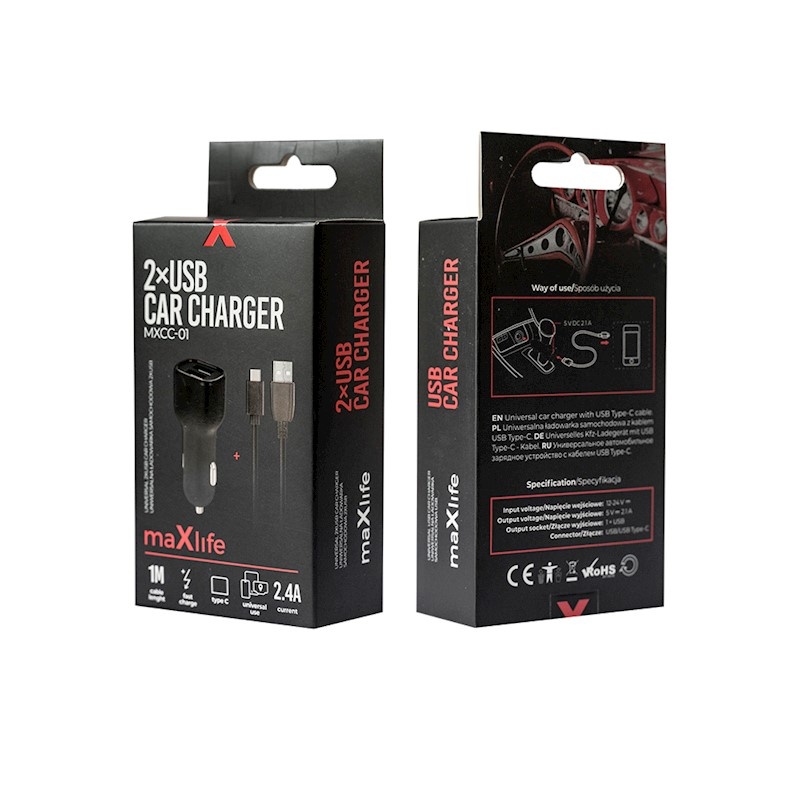 Maxlife MXCC-01 car charger 2x USB 2.4A black + USB-C cable_0