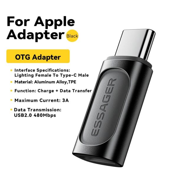 ESSAGER OTG Adapter Type C Male to Lightning Female Fast Charging 3A - EZJLT-HW01-P - Black