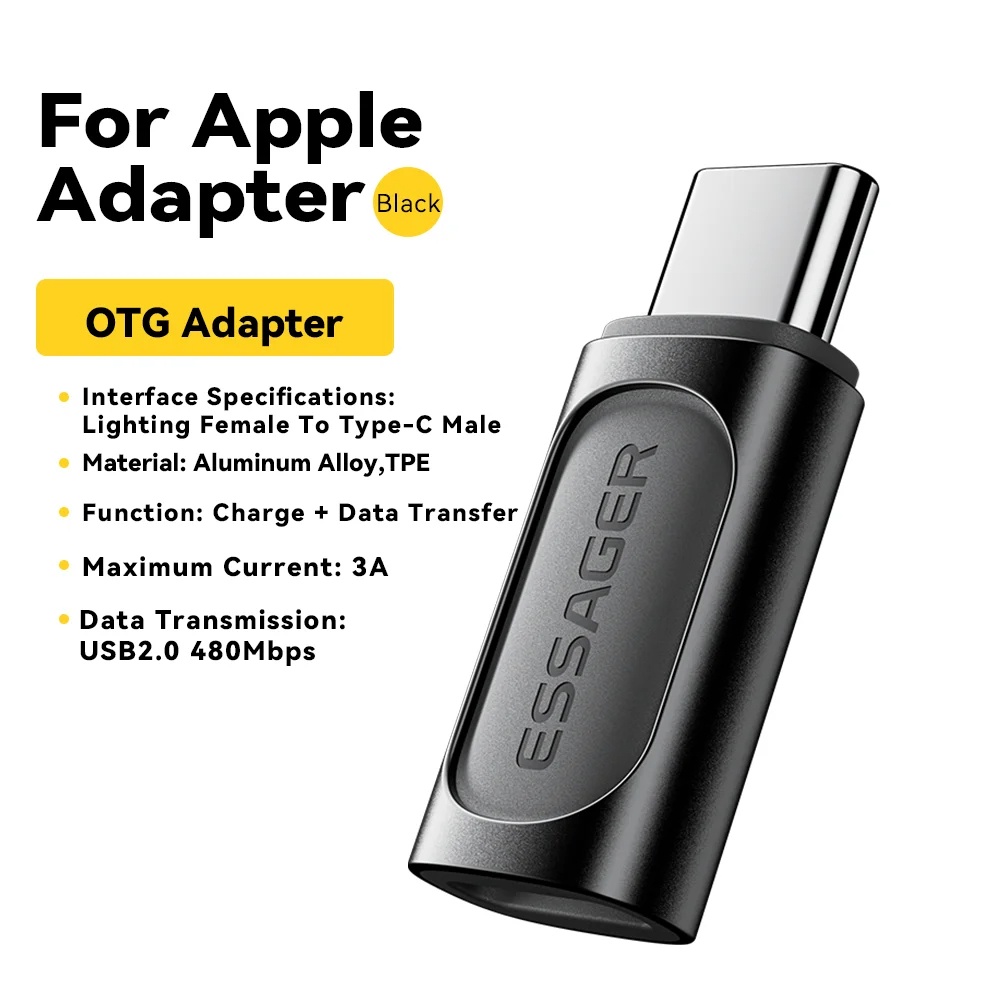 ESSAGER OTG Adapter Type C Male to Lightning Female Fast Charging 3A - EZJLT-HW01-P - Black_0
