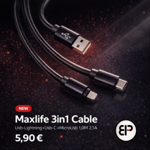 Maxlife 3in1 Cable Usb-Lightning+Usb-C+MicroUsb 1,0M 2,1A