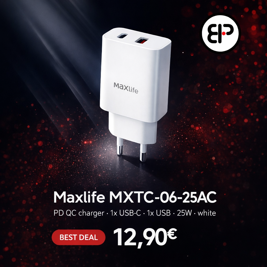 Maxlife MXTC-06-25AC PD QC charger 1x USB-C 1x USB 25W white - Image 2