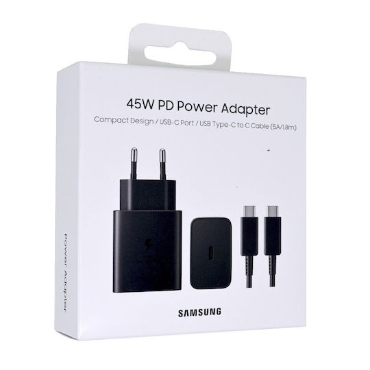 Samsung Φορτιστής με Θύρα USB-C και Καλώδιο USB-C - USB-C 45W Power Delivery Μαύρος_0