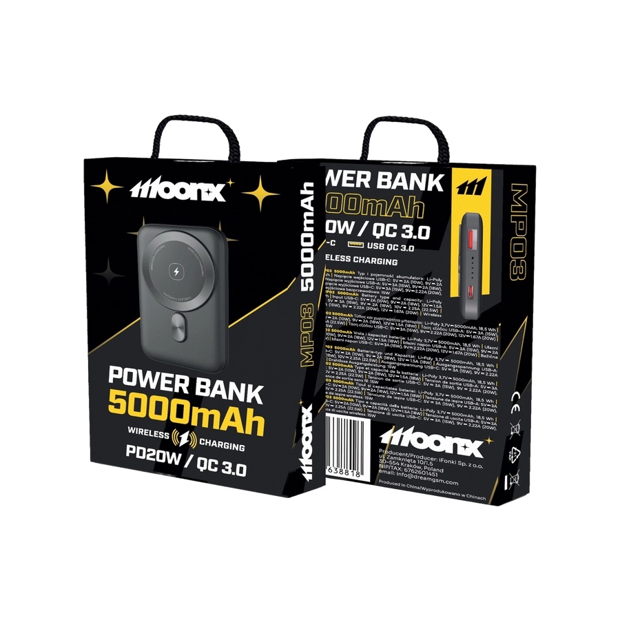 MOONX magnetic power bank MP03 PD 20W 1xUSB-C + 1xUSB QC3.0 22.5W 5000mAh black_0