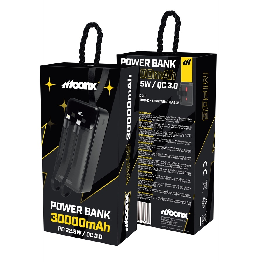 MOONX power bank MP05 PD 20W 1xUSB-C + 1xUSB QC3.0 22.5W 30000mAh black_0