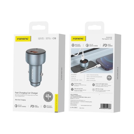 FONENG car charger C18 PD 48W 1xUSB-C + 1xUSB QC3.0 Silver_0