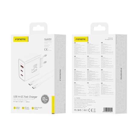 FONENG wall charger Gan50-EU GaN PD 65W 2xUSB-C + 1xUSB QC3.0 + cable USB-C - USB-C White_0
