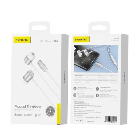 FONENG wired earphones T65 USB-C with microphone 1.2M White_0