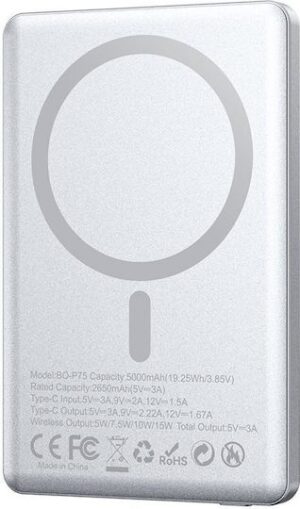 BWOO ultra-slim aluminium magnetic power bank P76 PD 20W 10000 mAh with digital display and USB-C port SILVER
