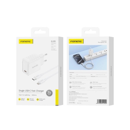 FONENG wall charger EU55 GaN PD 20W 1xUSB-C + cable USB-C - Lightning White_0