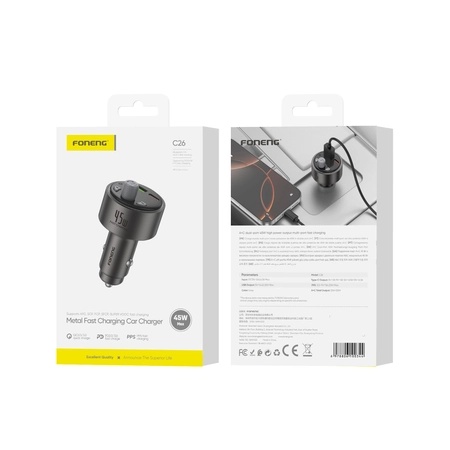 FONENG transmitter FM C26 PD 45W 1xUSB-C + 1xUSB QC3.0 Black_0